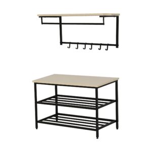 2-I-1 garderobesæt til entré med bænk, vægmonteret knagerække til entré, 6 kroge, natur+sort, 75 x 30 x 45 cm (bænk)