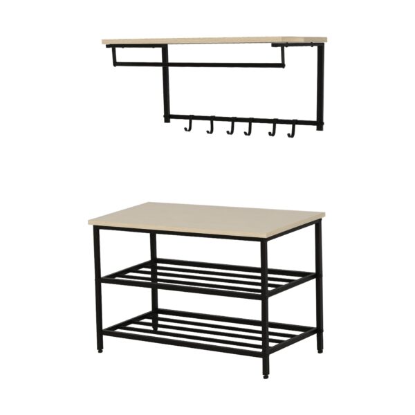 2-I-1 garderobesæt til entré med bænk, vægmonteret knagerække til entré, 6 kroge, natur+sort, 75 x 30 x 45 cm (bænk)